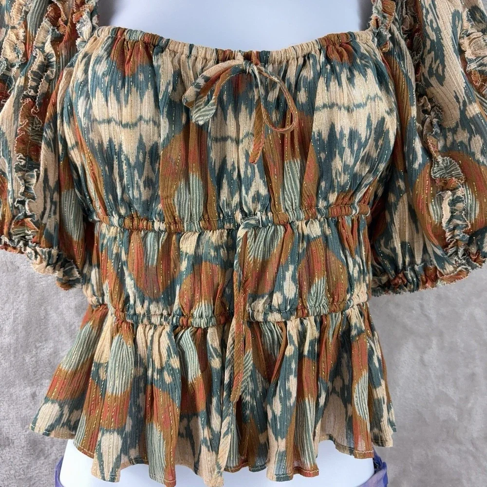 Ulla Johnson Medha Blouse Womens Size 2 Sage Green Puff Sleeve Ikat Print Top‎